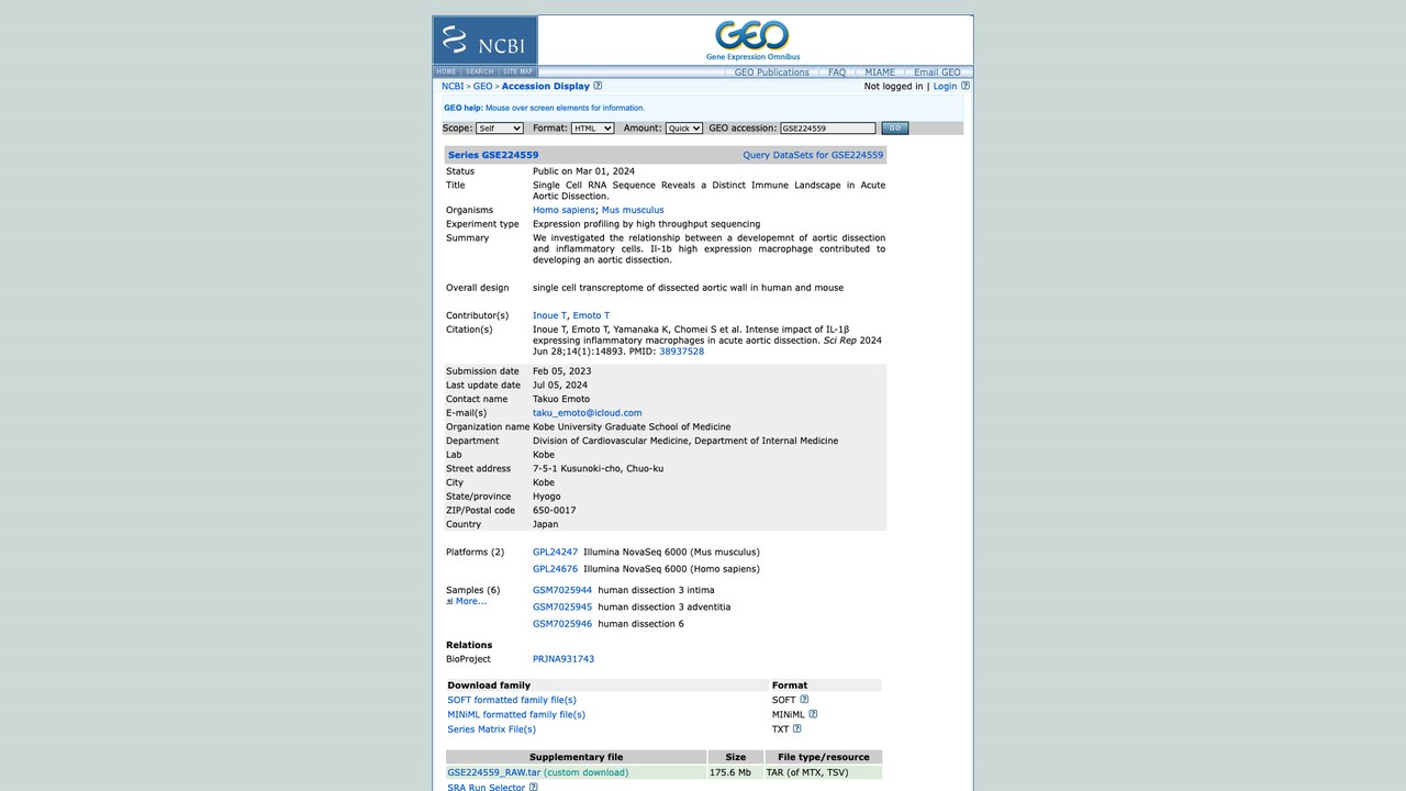 GSE224559:单细胞RNA测序揭示急性主动脉夹层中独特的免疫景观