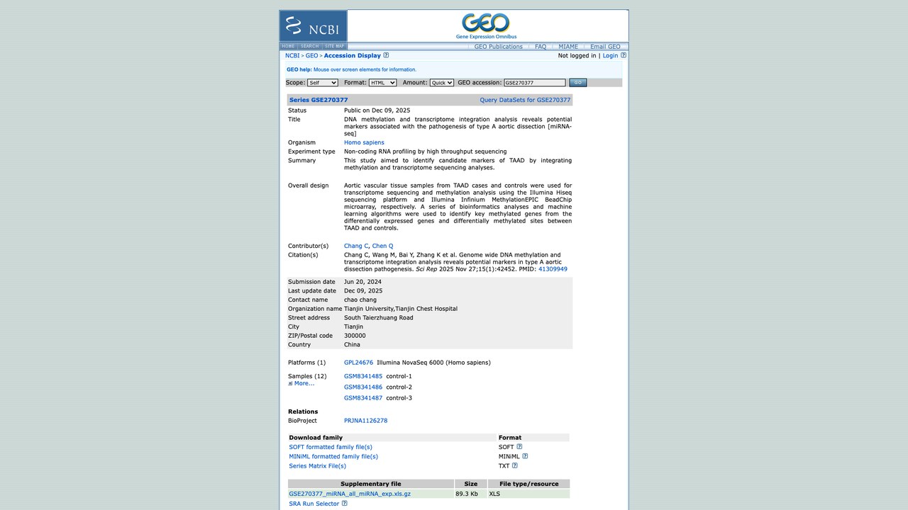 GSE270377：DNA甲基化与转录组整合分析揭示与A型主动脉夹层发病相关的潜在标志物 [miRNA-seq]