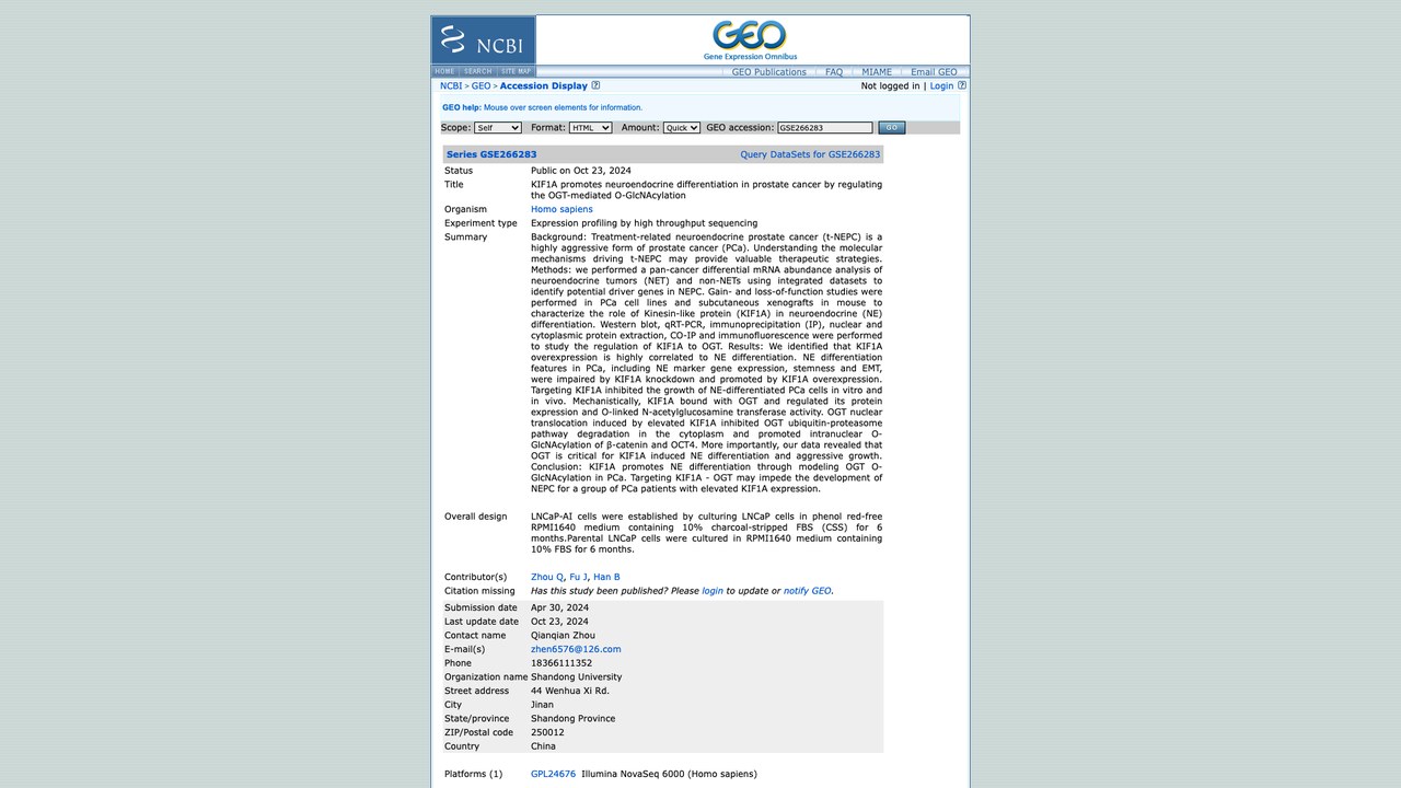 KIF1A通过调控OGT介导的O-GlcNAcylation促进前列腺癌神经内分泌分化