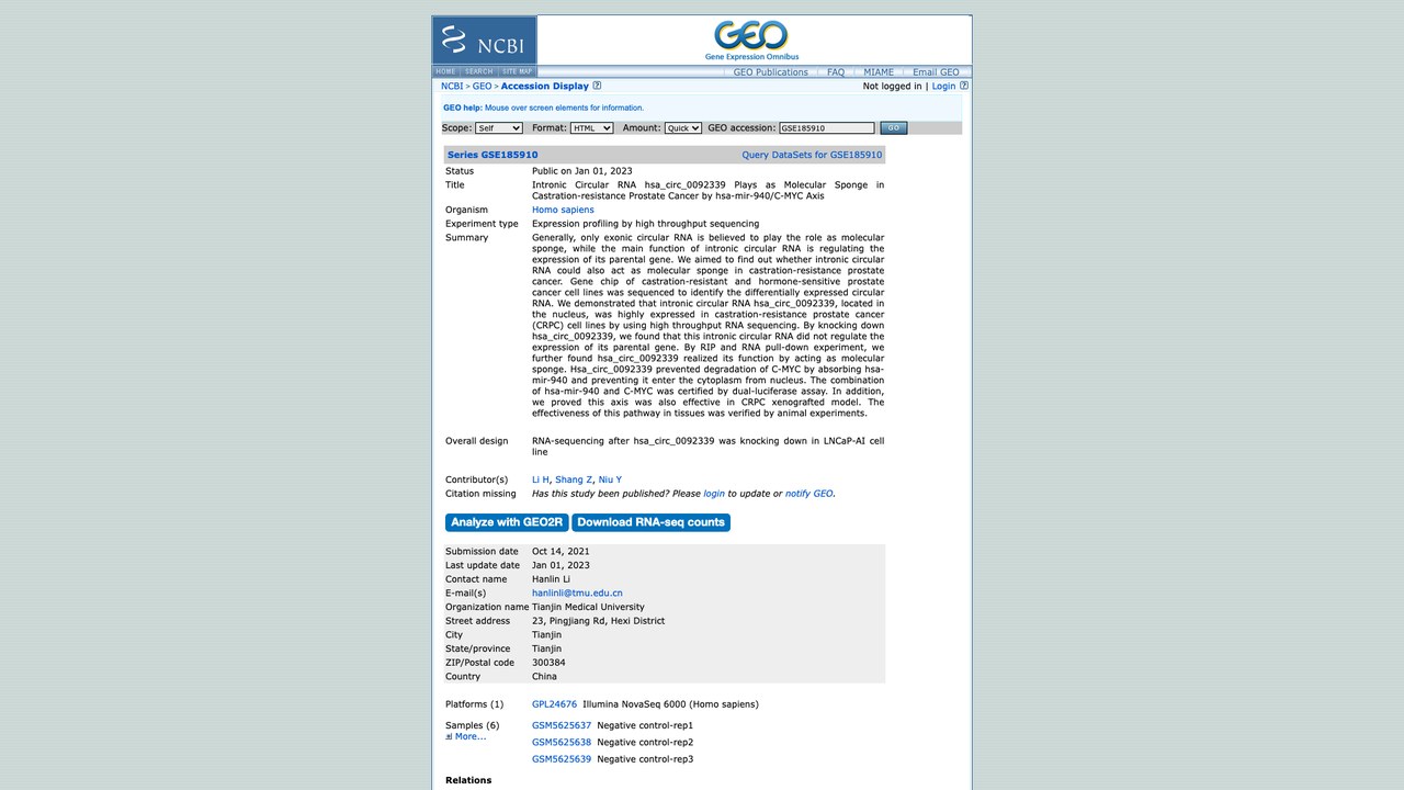 GSE185910:内含子环状RNA hsa_circ_0092339通过hsa-mir-940/C-MYC轴作为去势抵抗性前列腺癌的分子海绵