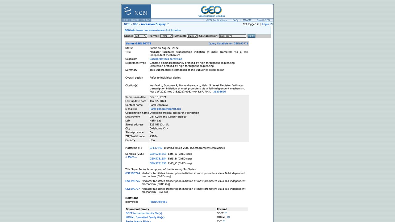 GSE190778：Mediator 通过不依赖 Tail 的机制促进大多数启动子的转录起始