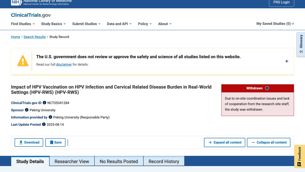 HPV疫苗接种对真实世界HPV感染及宫颈相关疾病负担的影响(HPV-RWS)