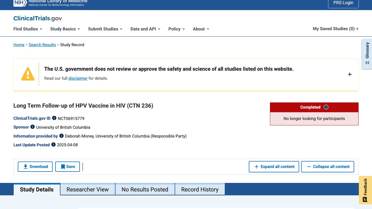 HIV感染者HPV疫苗长期随访研究(CTN 236)