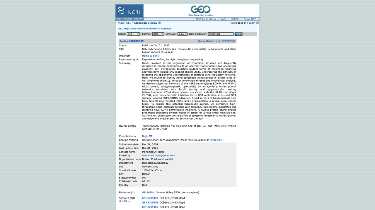 淋巴瘤及其他人类癌症中异染色质保真度是治疗脆弱性 [RNA-seq]