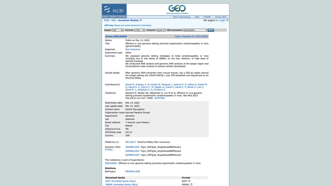 GSE220850：高效体内基因组编辑预防小鼠肥厚型心肌病[基因组DNA]