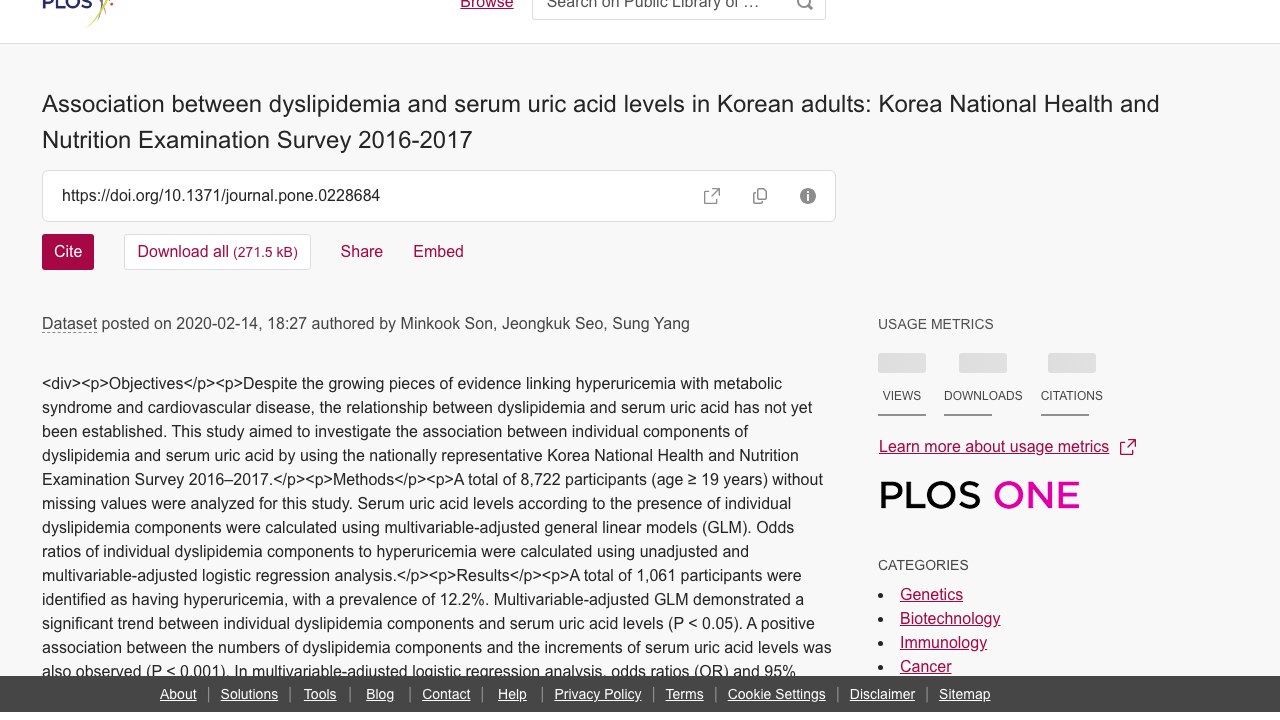 韩国成年人血脂异常与血清尿酸水平的关联：2016-2017年韩国国家健康与营养调查