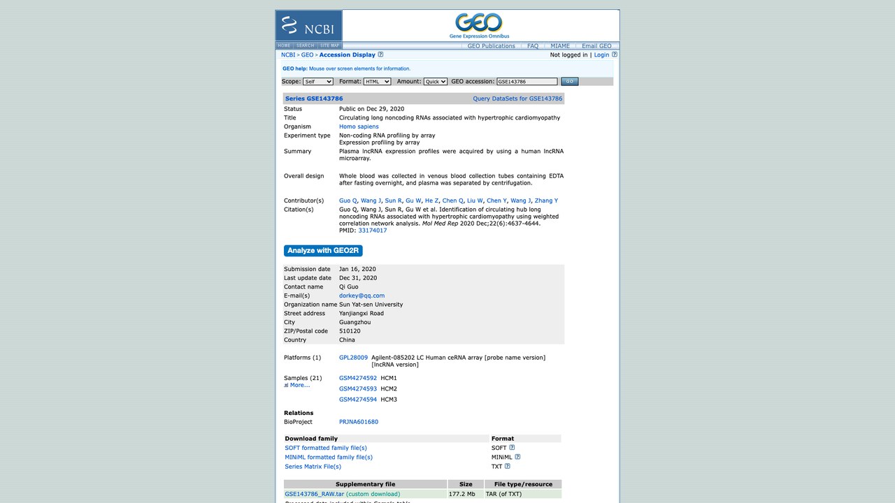 GSE143786:与肥厚型心肌病相关的循环长链非编码RNA