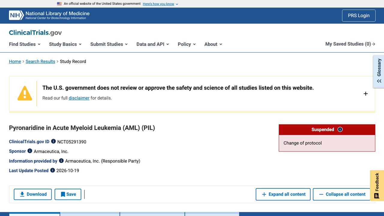 Pyronaridine治疗急性髓系白血病(AML)研究