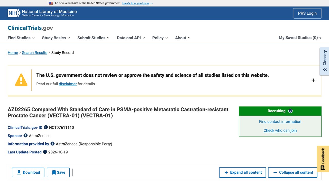 AZD2265对比标准治疗用于PSMA阳性转移性去势抵抗性前列腺癌(VECTRA-01)