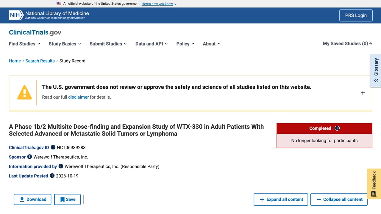 WTX-330在晚期或转移性实体瘤或淋巴瘤成人患者中的1b/2期多中心剂量探索与扩展研究