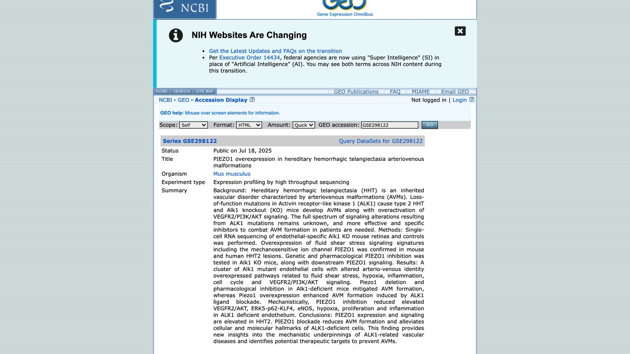 遗传性出血性毛细血管扩张症动静脉畸形中PIEZO1过表达数据集