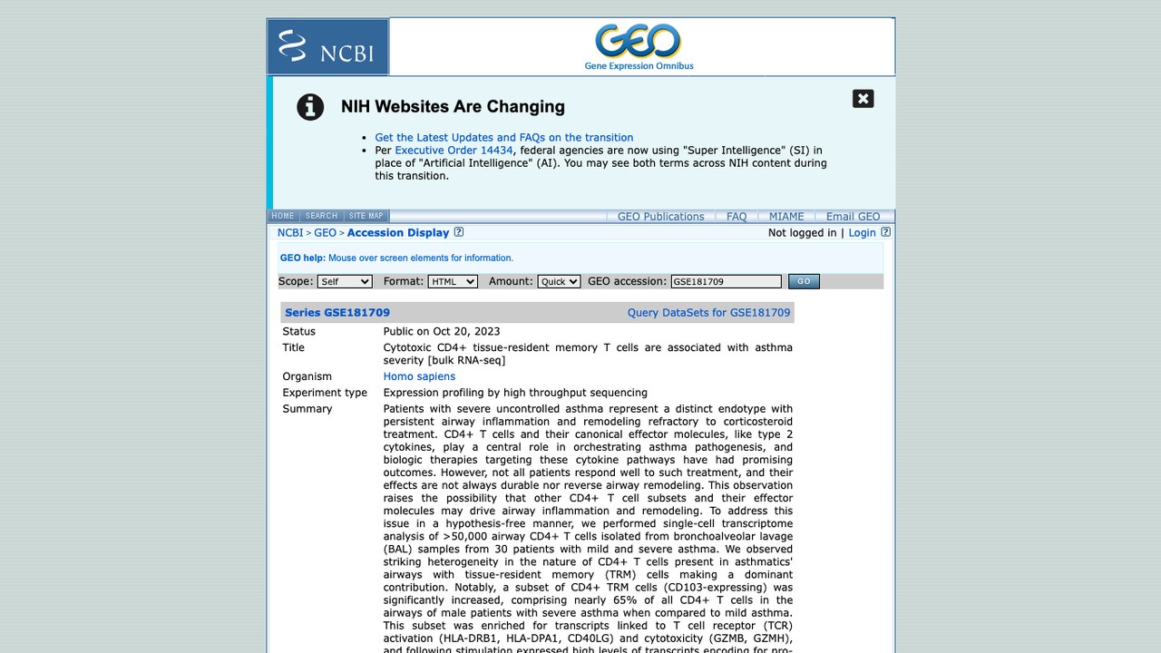 GSE181709：细胞毒性CD4+组织驻留记忆T细胞与哮喘严重程度相关 [bulk RNA-seq]