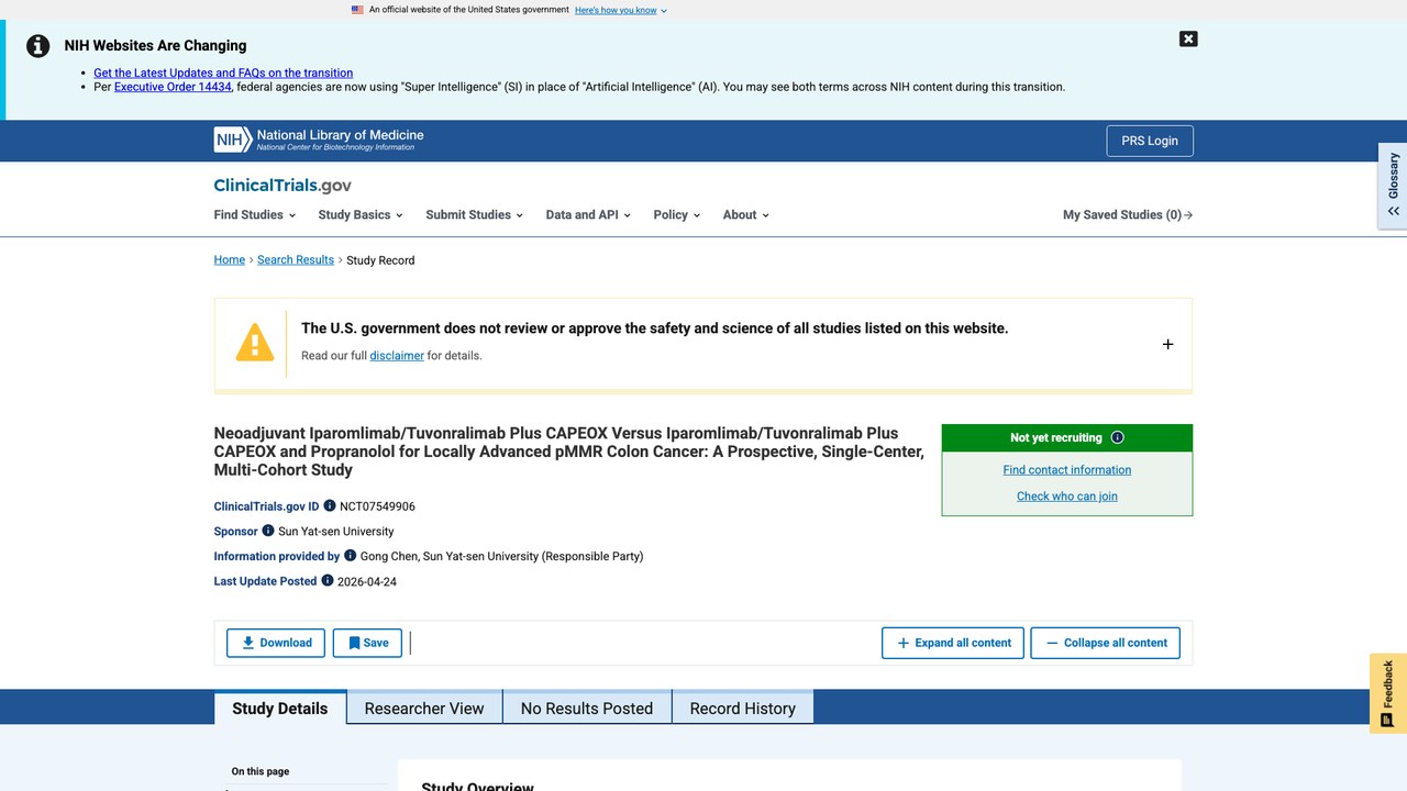 新辅助伊帕罗利单抗/图沃利单抗联合CAPEOX对比伊帕罗利单抗/图沃利单抗联合CAPEOX及普萘洛尔治疗局部晚期pMMR结肠癌:一项前瞻性、单中心、多队列研究