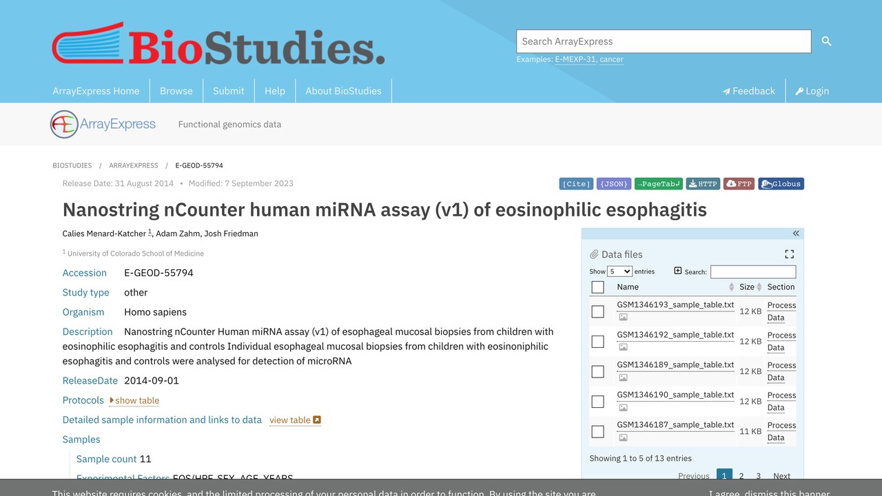 嗜酸性食管炎儿童食管黏膜活检的Nanostring nCounter human miRNA检测数据