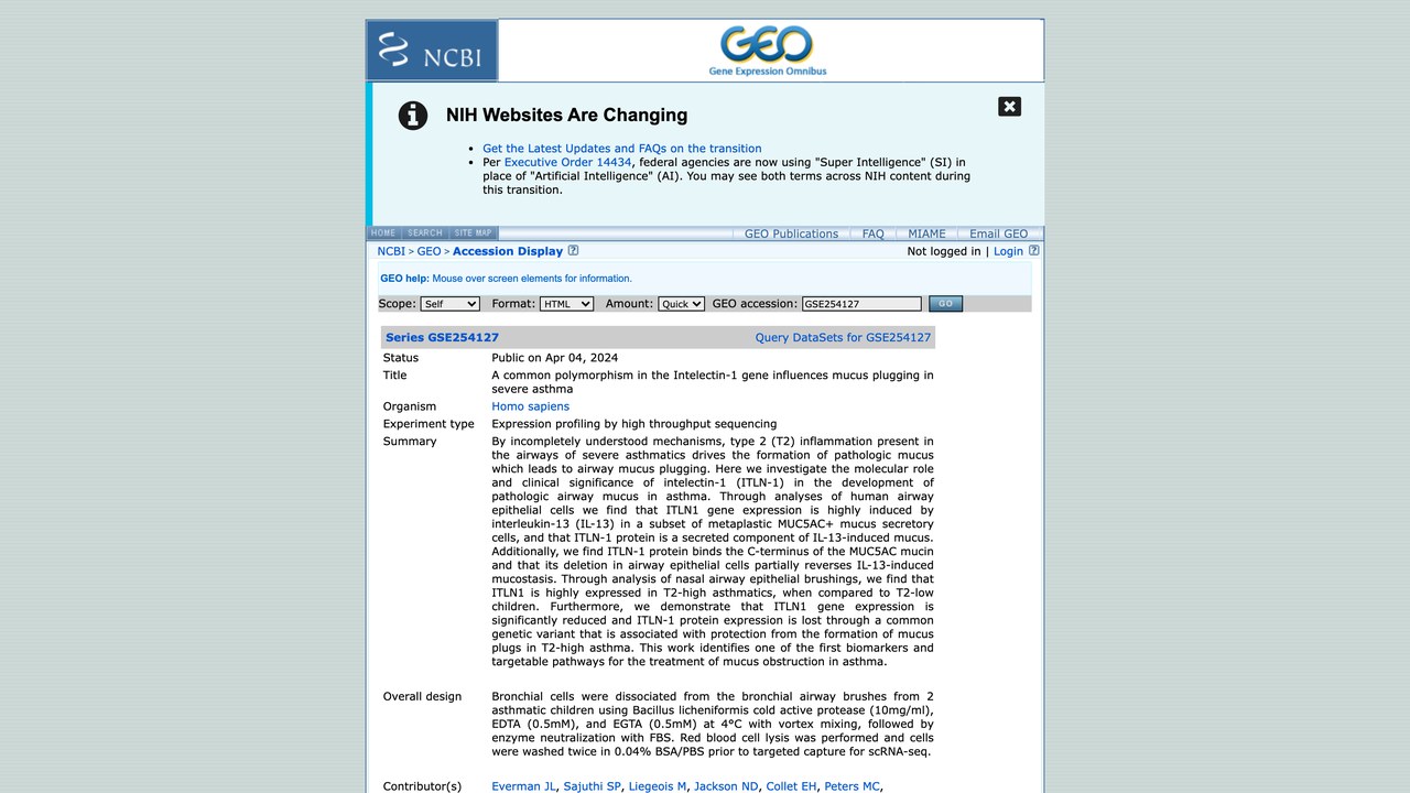GSE254127:Intelectin-1基因常见多态性影响重症哮喘黏液栓塞