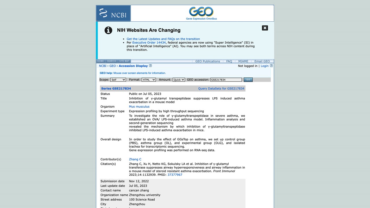 GSE217834：抑制γ-谷氨酰转肽酶可减轻LPS诱导的小鼠哮喘加重模型