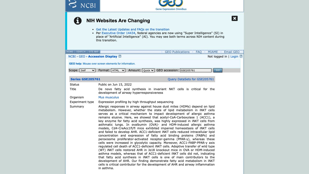 GSE205761:不变NKT细胞中的从头脂肪酸合成对气道高反应性发展至关重要