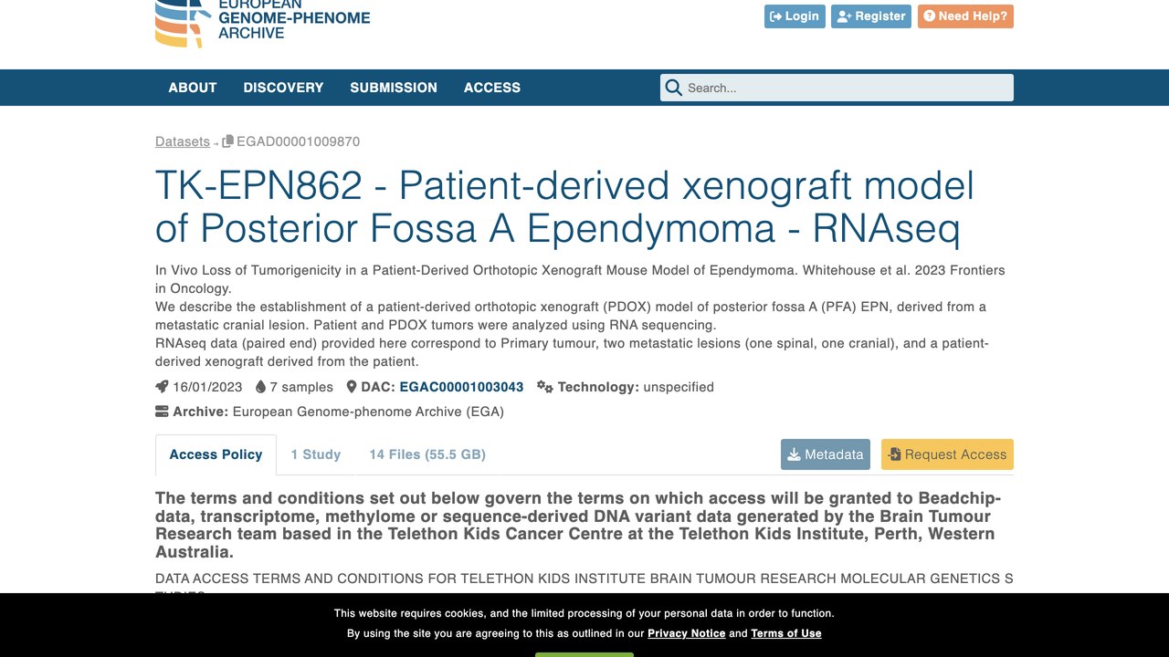 TK-EPN862 后颅窝A型室管膜瘤患者来源异种移植模型 RNAseq