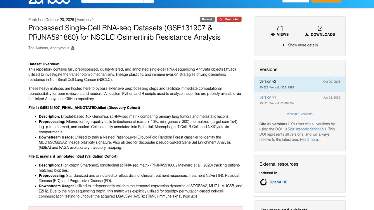 NSCLC奥希替尼耐药分析预处理单细胞RNA-seq数据集(GSE131907与PRJNA591860)