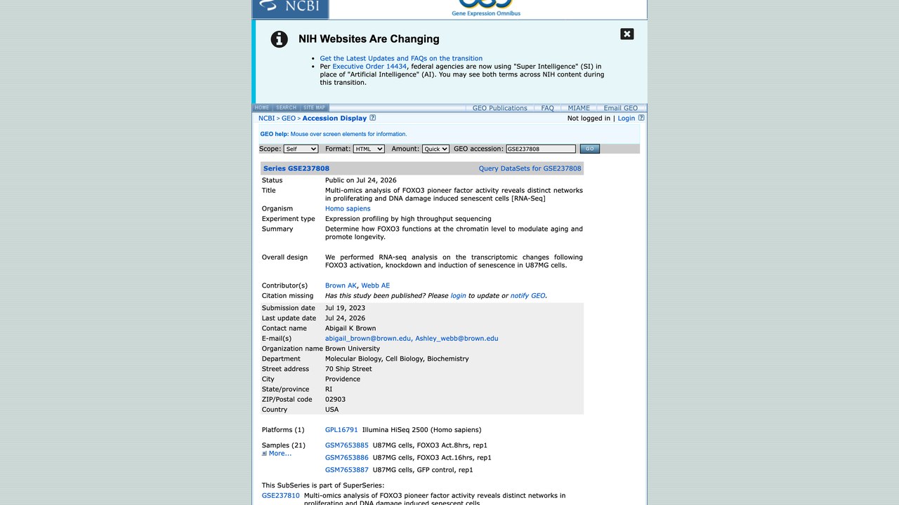FOXO3先锋因子活性多组学分析：增殖与DNA损伤诱导衰老细胞中的不同网络[RNA-Seq]