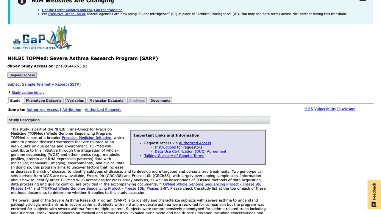 NHLBI TOPMed:重症哮喘研究计划(SARP)
