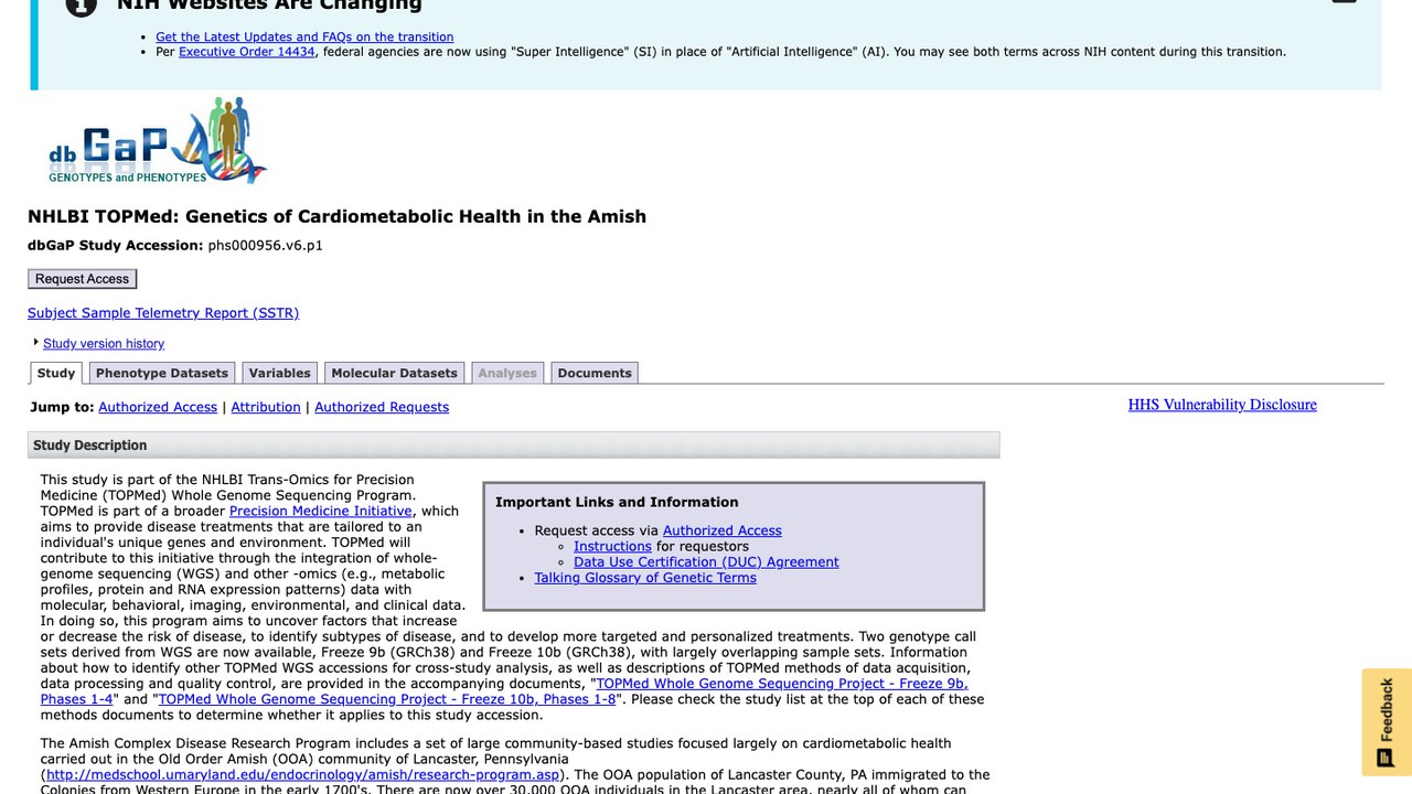 NHLBI TOPMed:Amish人群心脏代谢健康遗传学