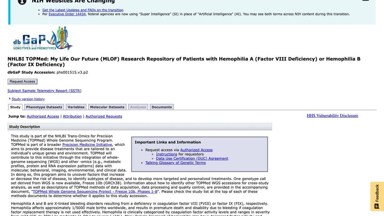NHLBI TOPMed:MyLifeOurFuture (MLOF) 血友病研究