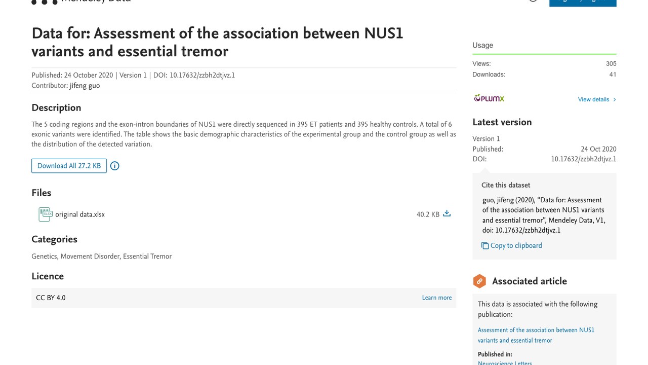 NUS1变异与特发性震颤关联评估数据集