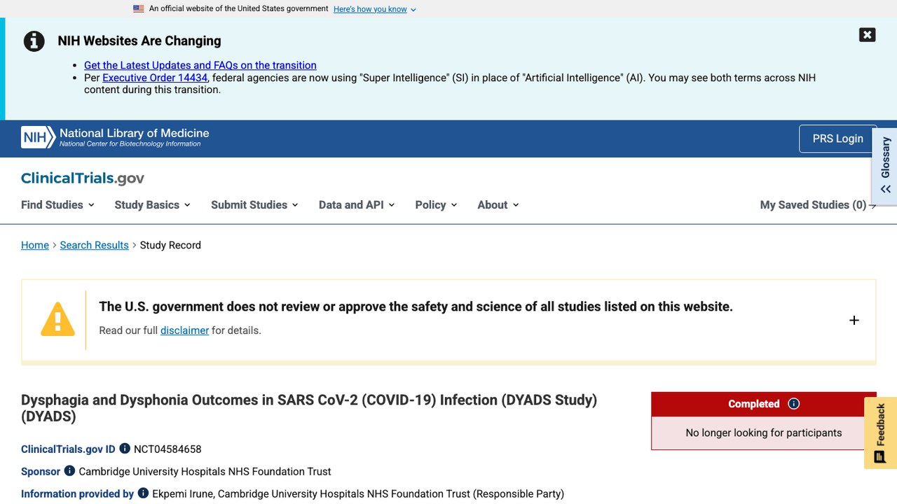 SARS CoV-2(COVID-19)感染后吞咽困难与发声障碍结局研究(DYADS 研究)