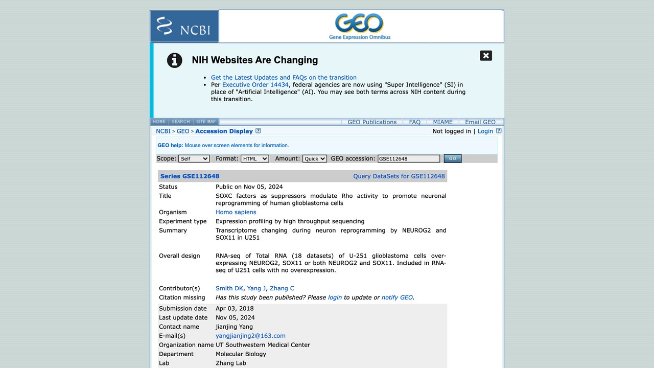 GSE112648：SOXC因子作为抑制因子调节Rho活性以促进人胶质母细胞瘤细胞的神经元重编程
