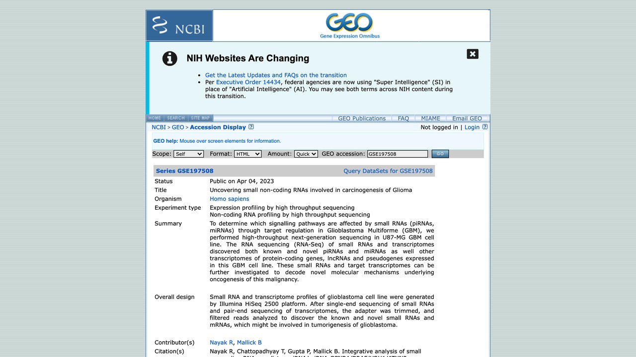 GSE197508:揭示参与胶质瘤癌变的小非编码RNA
