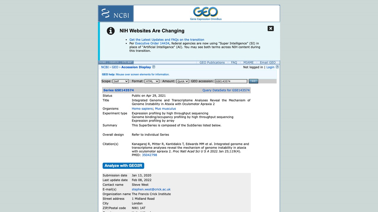 GSE143574：整合基因组与转录组分析揭示眼动失用伴共济失调2型基因组不稳定机制