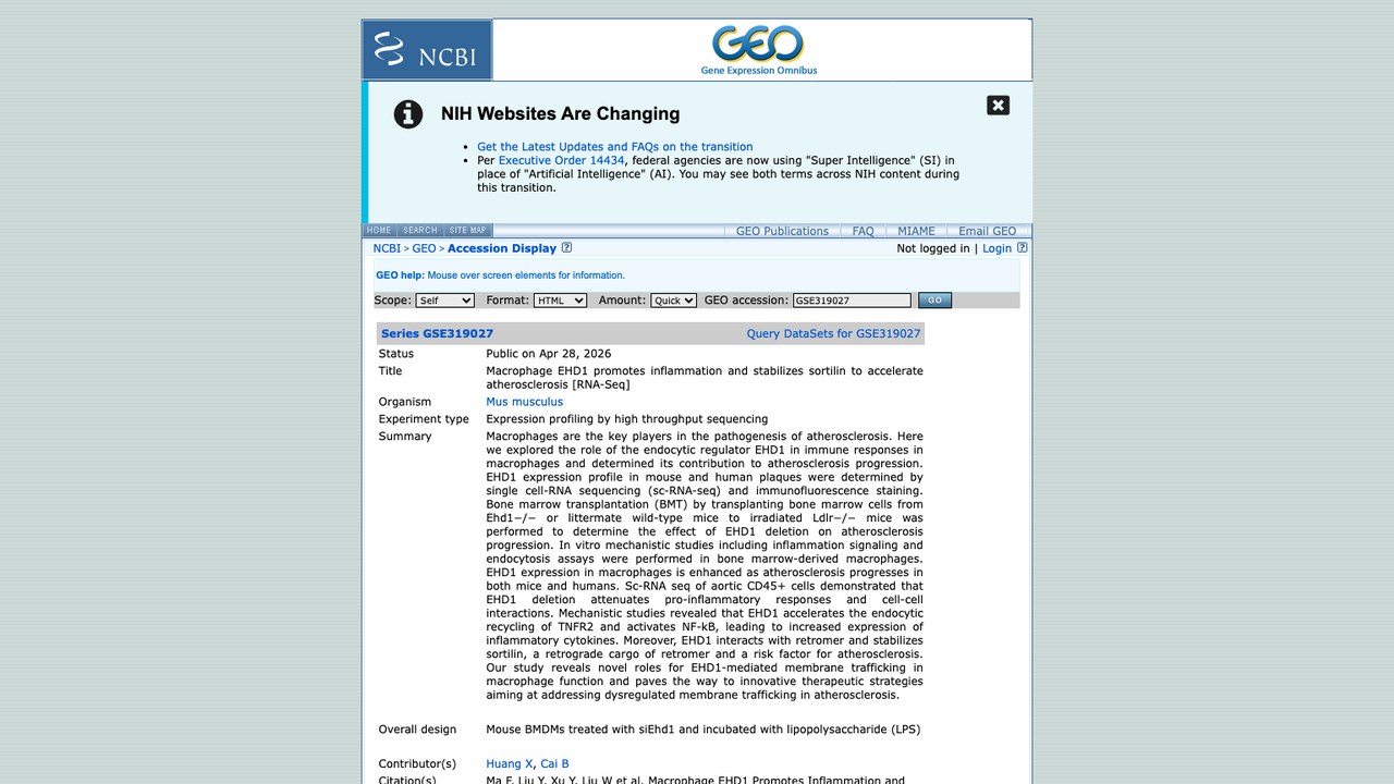 巨噬细胞EHD1促进炎症并稳定sortilin加速动脉粥样硬化[RNA-Seq]