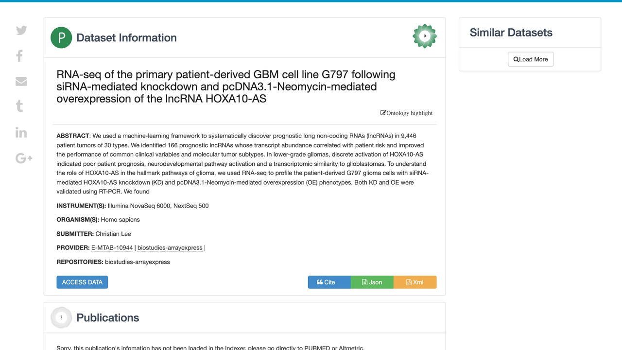 原发性患者来源GBM细胞系G797在siRNA介导敲低及pcDNA3.1-Neomycin介导lncRNA HOXA10-AS过表达后的RNA-seq