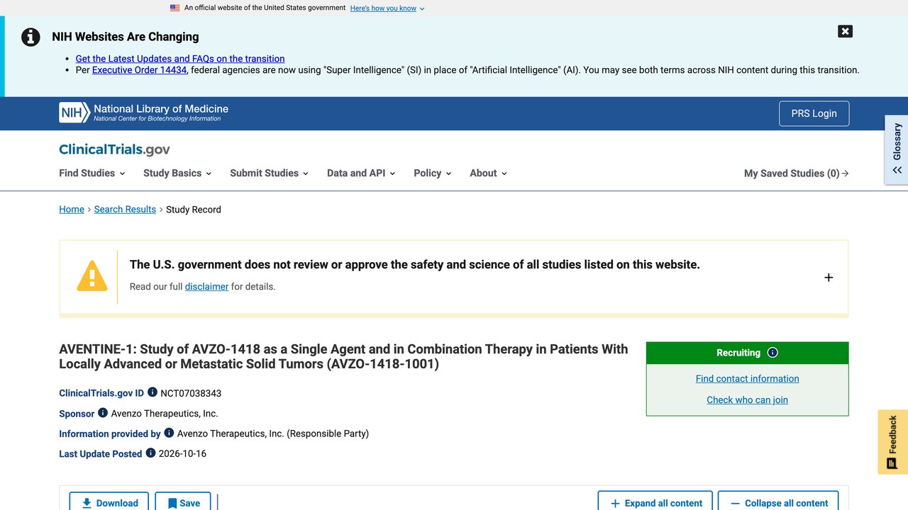 AVENTINE-1:AVZO-1418单药及联合治疗局部晚期或转移性实体瘤研究