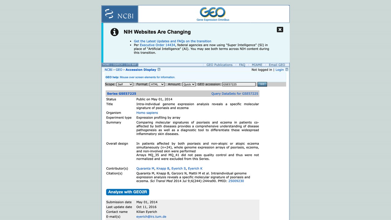 GSE57225:个体内基因组表达分析揭示银屑病与湿疹的特异性分子特征