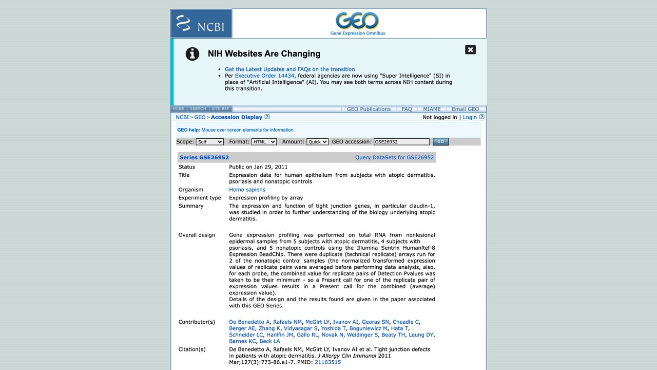 GSE26952:特应性皮炎、银屑病及非特应性对照者人上皮表达数据