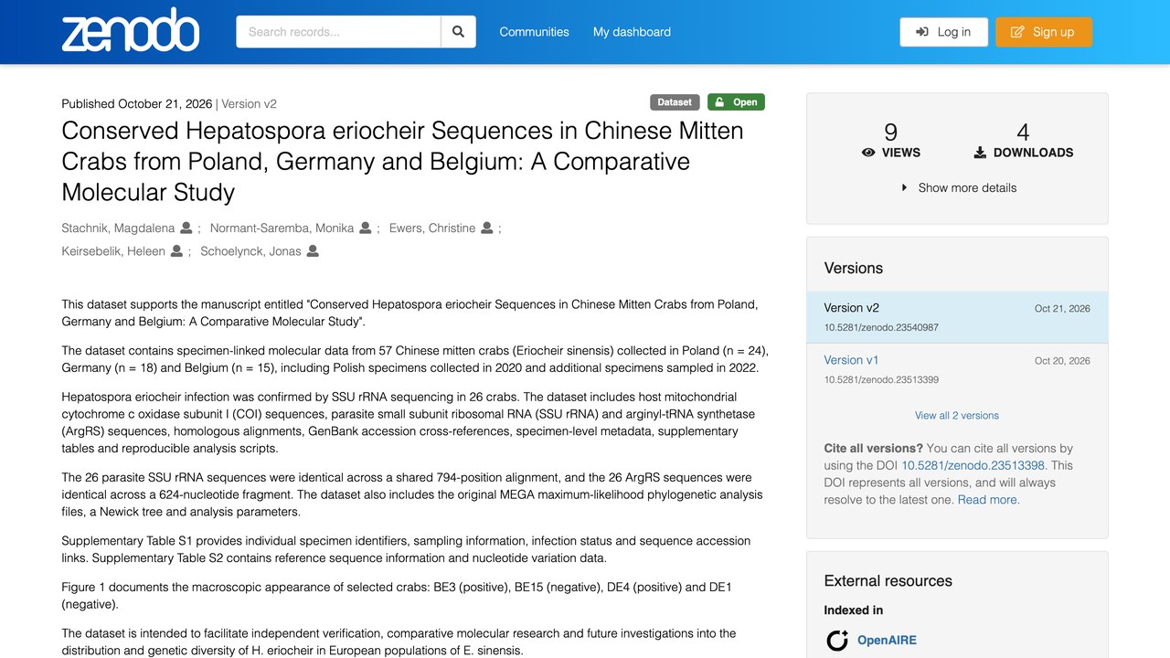 波兰、德国和比利时中华绒螯蟹中保守的Hepatospora eriocheir序列：比较分子研究