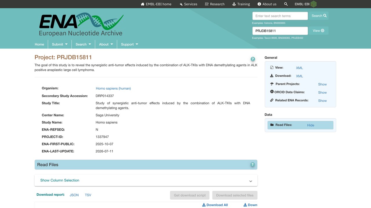 PRJDB15811：ALK-TKIs联合DNA去甲基化药物治疗研究