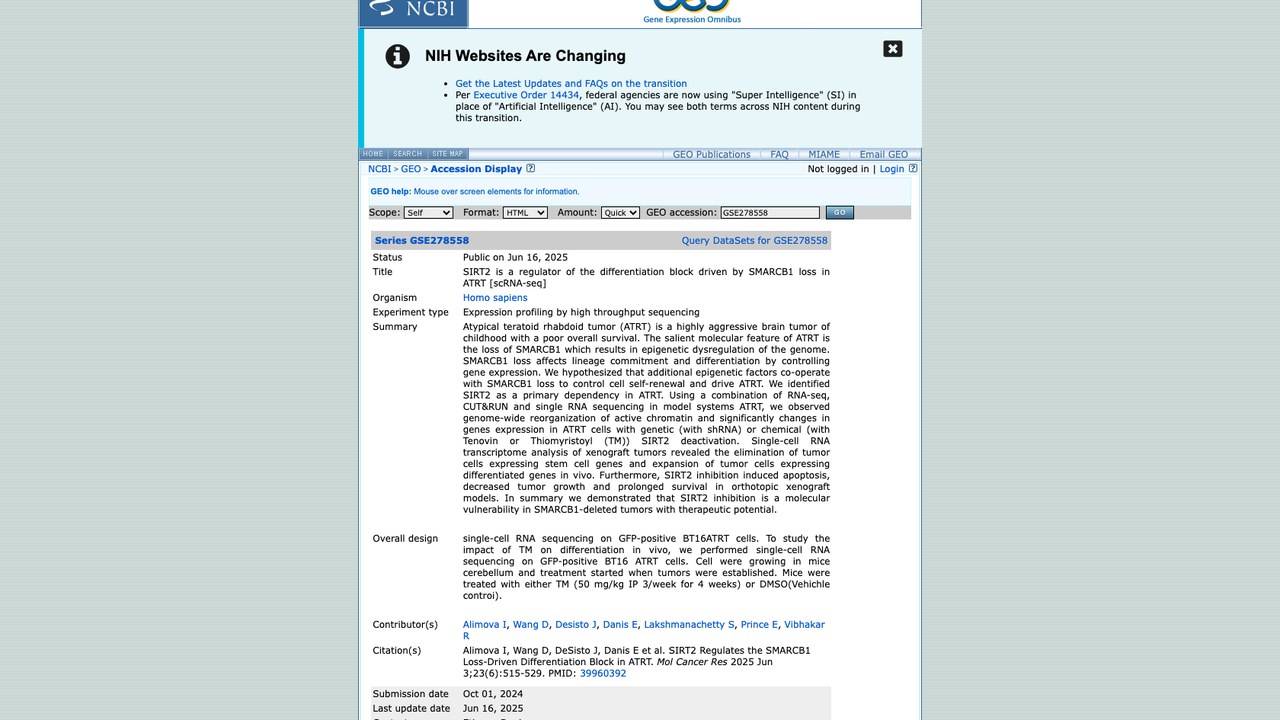 SIRT2 调控 SMARCB1 缺失所致 ATRT 分化阻滞 [scRNA-seq]