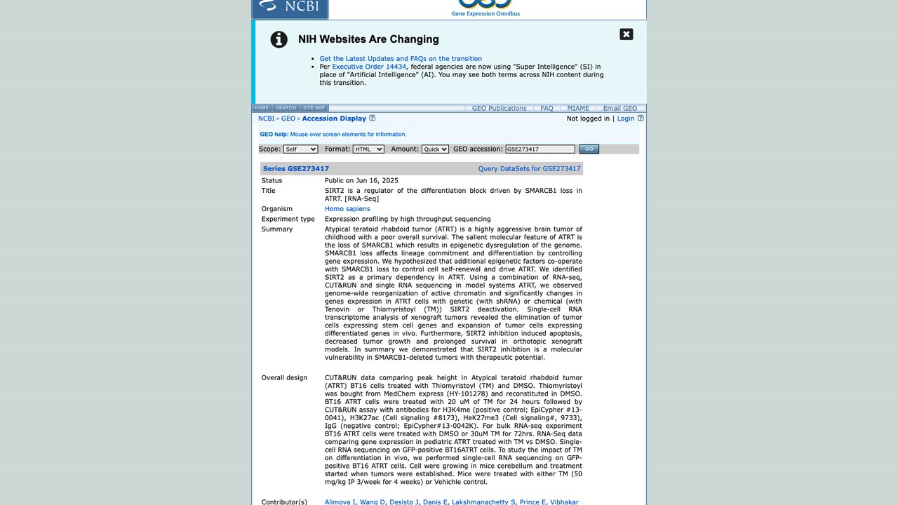 SIRT2 调控 SMARCB1 缺失所致 ATRT 分化阻滞 [RNA-Seq]