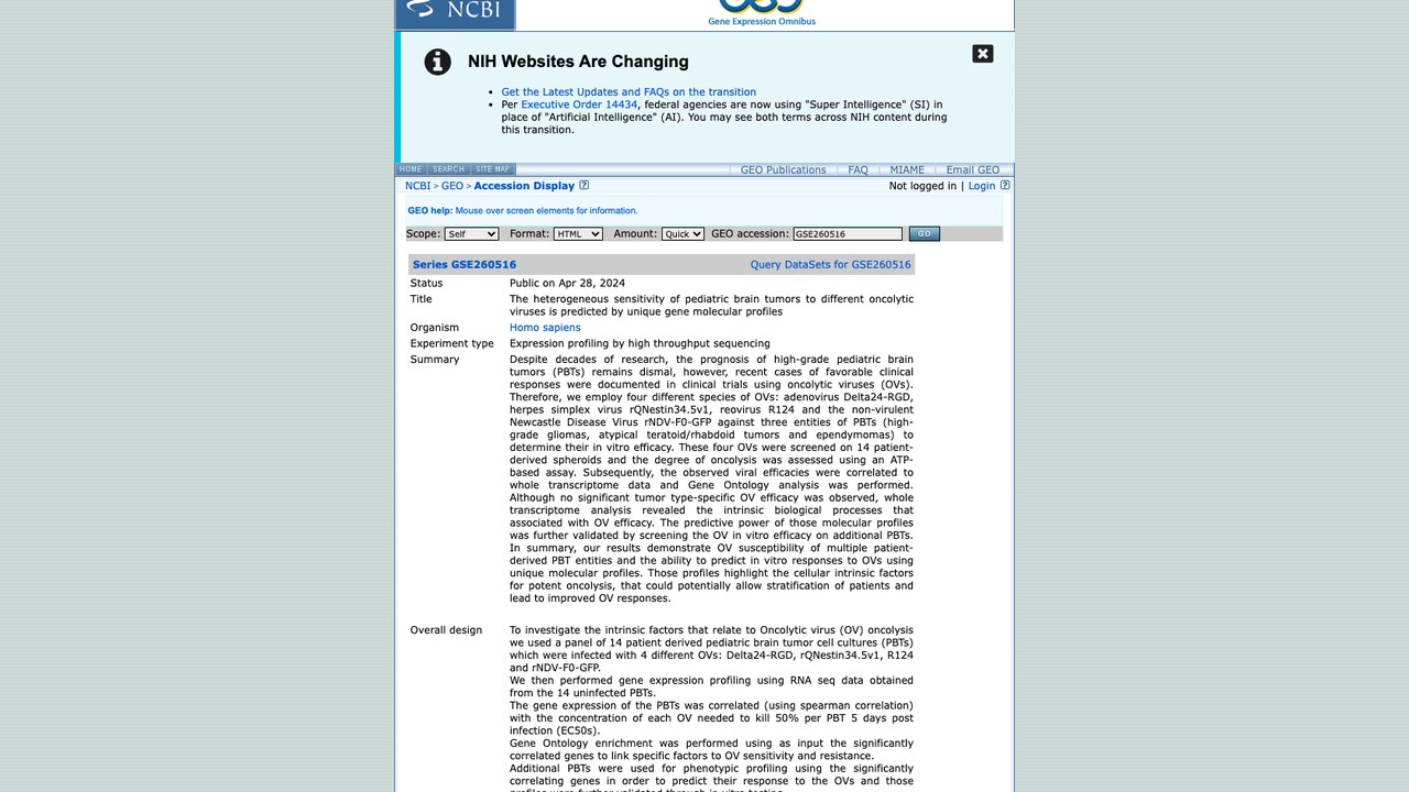 儿童脑肿瘤对多种溶瘤病毒异质性敏感性的基因分子谱预测数据集