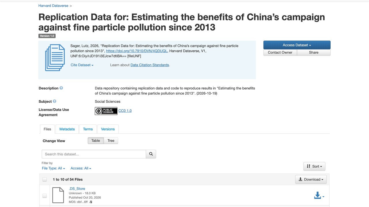 中国细颗粒物污染治理效益估算的复现数据