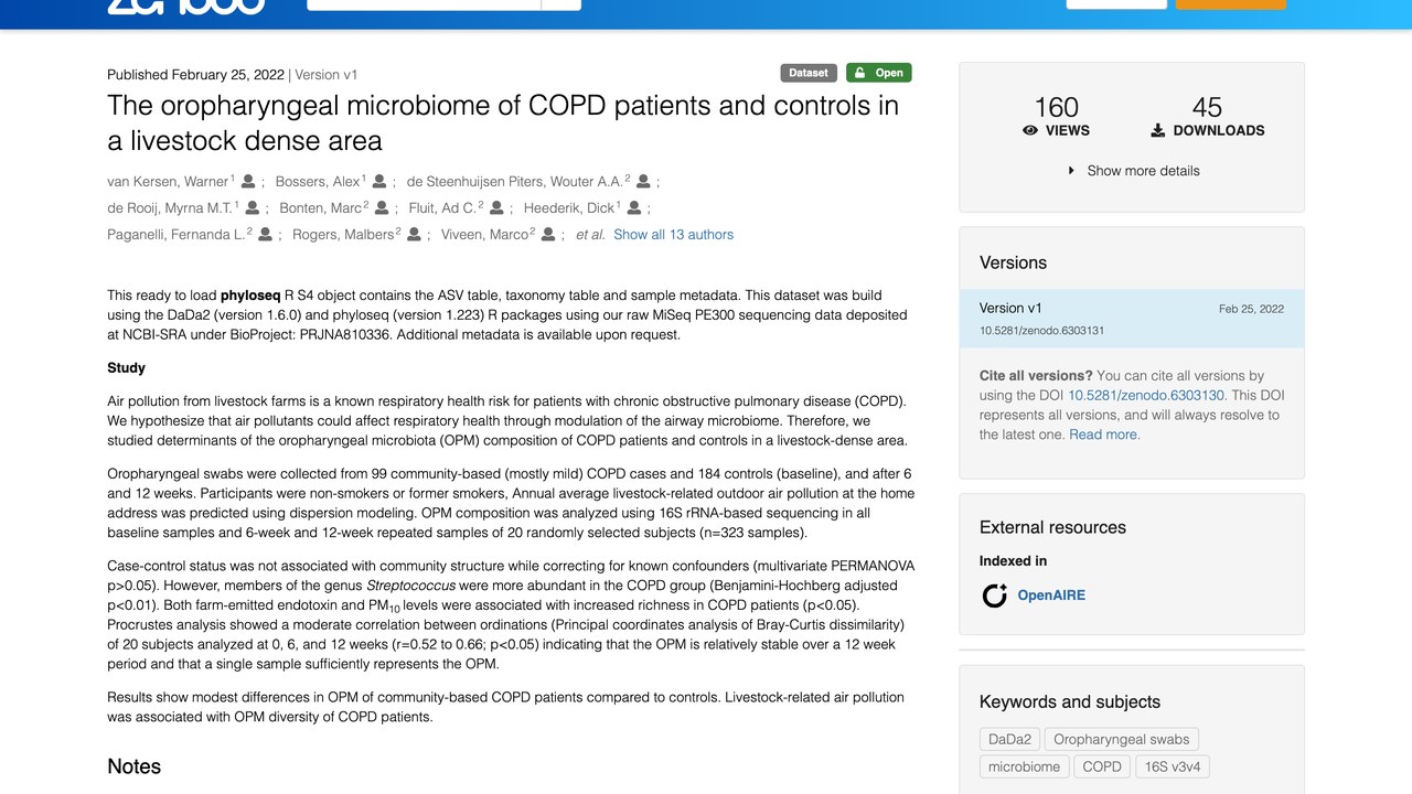 畜禽密集区COPD患者与对照的口咽微生物组数据集