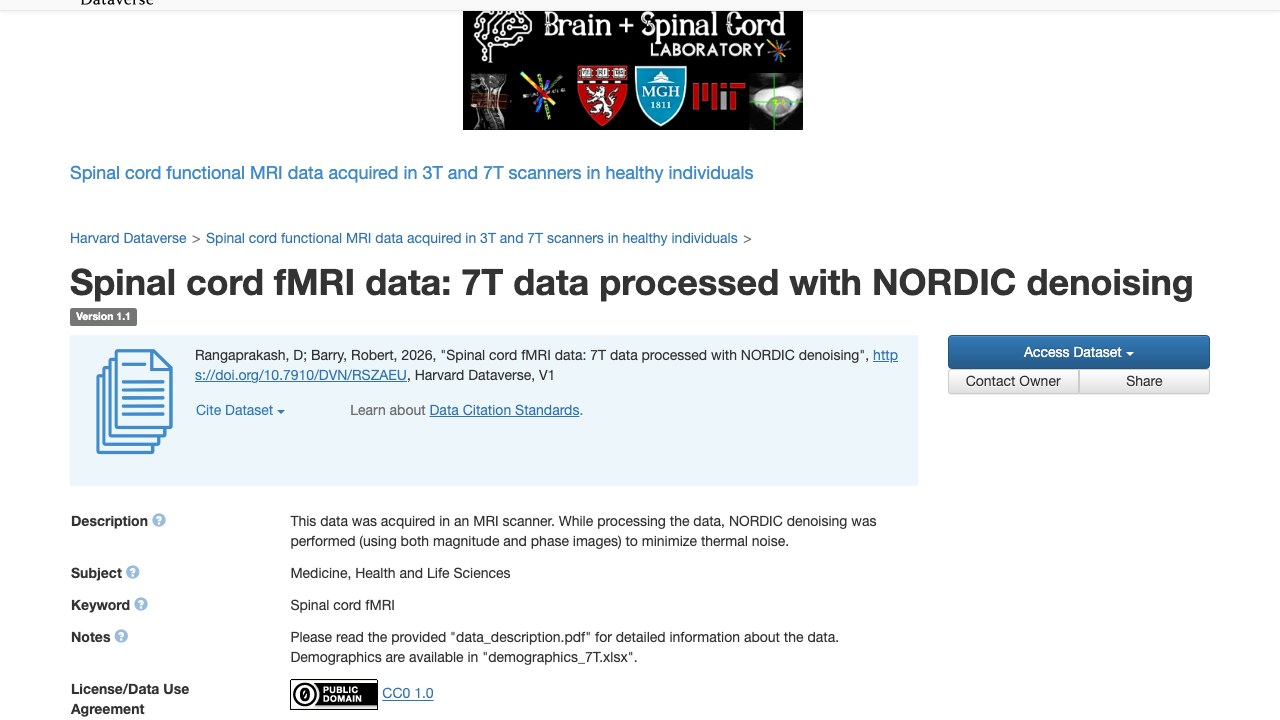 脊髓fMRI数据:经NORDIC去噪处理的7T数据