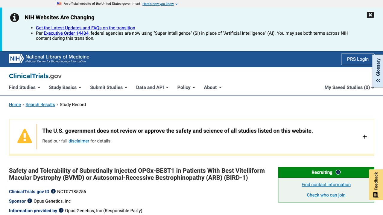 视网膜下注射OPGx-BEST1治疗卵黄样黄斑营养不良及常染色体隐性Bestrophinopathy的安全性与耐受性