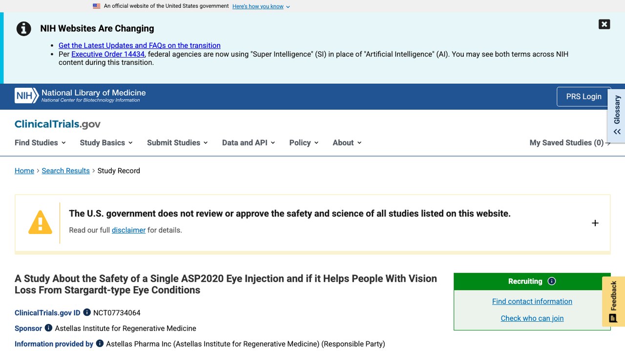 关于单次ASP2020眼内注射安全性及对Stargardt型眼病视力丧失患者是否有帮助的研究
