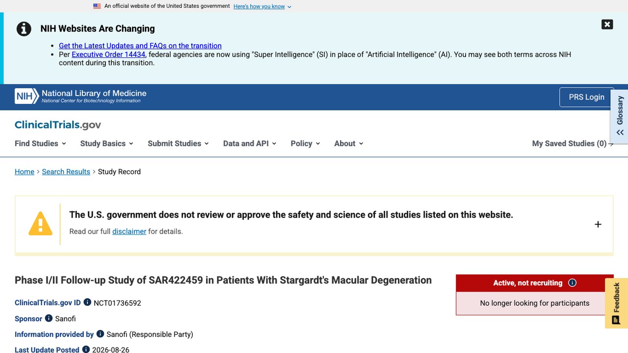 SAR422459 治疗 Stargardt 黄斑变性患者的 I/II 期随访研究