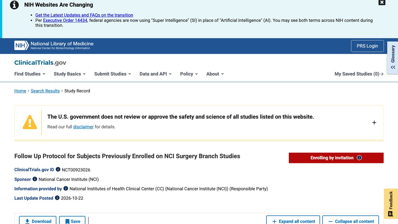 NCI Surgery Branch既往入组受试者随访方案