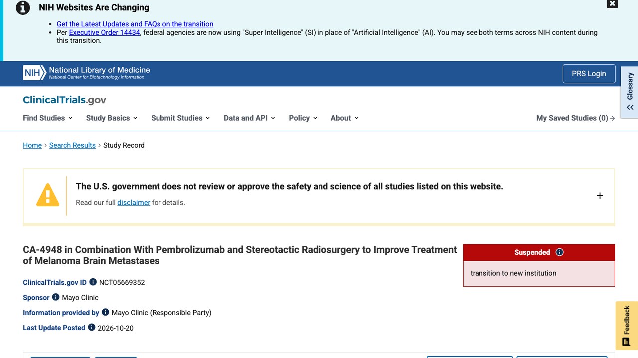 CA-4948联合Pembrolizumab与立体定向放射外科改善黑色素瘤脑转移治疗